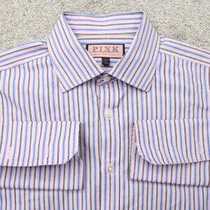 Thomas‎ Pink Dress Shirt Mens 16, 34 1/2 Pink & Blue 100% Cotton French Cuff L/S